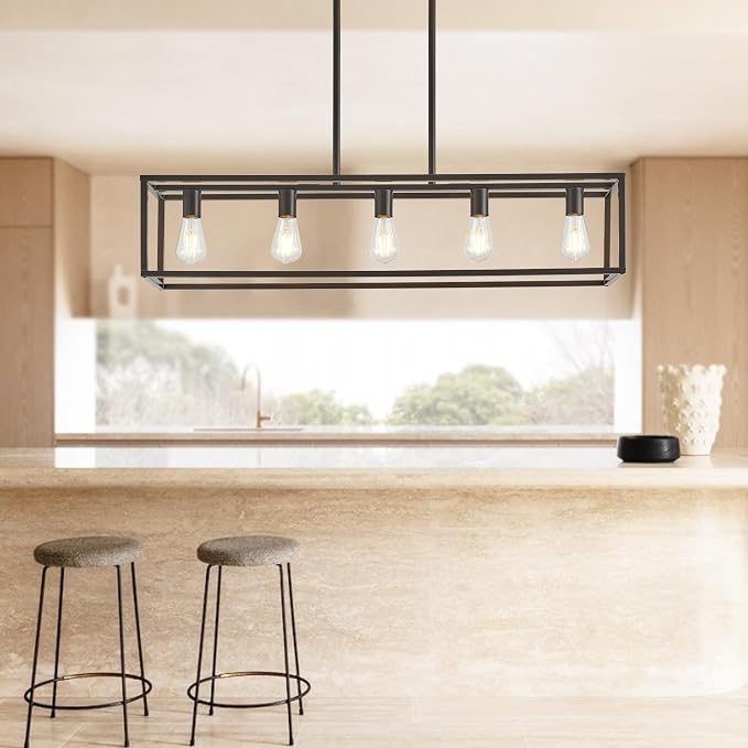 Kitchen Light Fixtures Farmhouse Rectangle Chandeliers Dining Room Light for Dining Rooms, Light Fixture Matte Oil Rubbed Bronze 5-Light Industrial Pendant Lighting