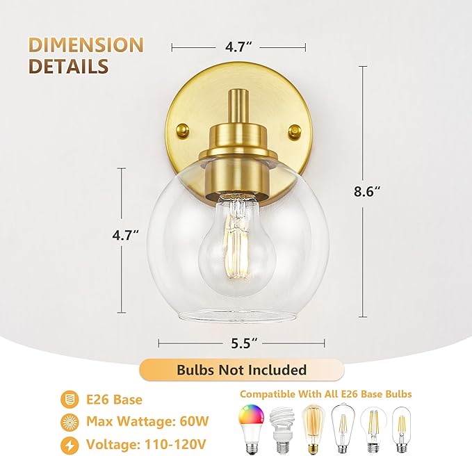 Gold Bathroom Vanity Lights, 1-Light Wall Sconce with Glass Globe Shade, Vanity Lighting for Bathroom/Bedroom/Dressing Room, Vertical/Horizontal Mounted, E26 Bulb Base (Bulb Not Included)