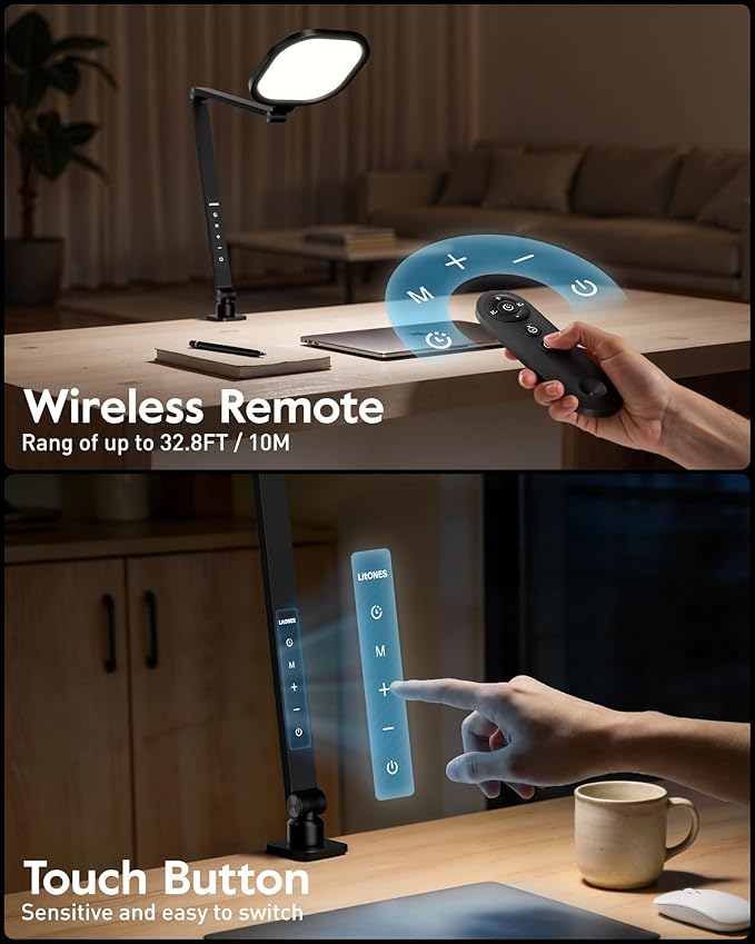 Desk Lamp for Home Office with Clamp | 2000LM Eye-Caring, Dimmable Zoom Lighting, 3 Colors & 10 Brightness, Remote Computer Ring Light, CRI>97.8