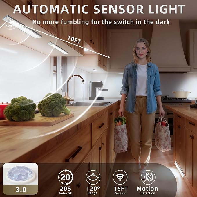 5 Pack Dimmable Under Cabinet Lighting, 32 LED Rechargeable Battery Motion Sensor Light Indoor, Stick On Magnetic Closet Lights, Under Counter Lights for Kitchen, Stairs, White Light 8 in