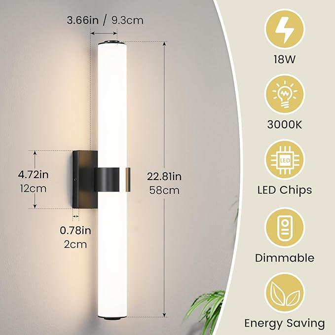 Black Vanity Lights for Bathroom, 22.8 Inch LED Vanity Light Modern Bathroom Light Fixtures, 18W Sconces Wall Lighting with Acrylic Shade for Mirror Bedroom Living Room Hallway 3000K