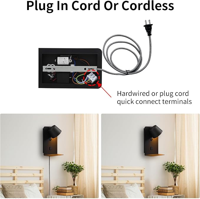 DEC LUCE DECOLUCE LIGHTING Modern LED Plug in Wall Sconce, Dimmable Wireless Wall Light Fixtures with Shelf and USB Port, 6W,600LM, Rotatable Small Reading Wall Lamp for Bedroom Bedside, Black