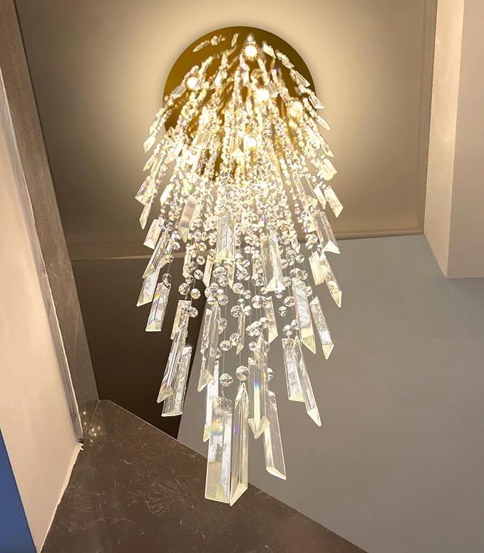 78'' Modern Crystal Chandelier High Ceiling Chandeliers for Entryway Large Raindrop Chandeliers LED Dimmable Flush Mount Light Fixtures for Staircaes Foyer Hallway Living Room LED Bulbs Included Gold