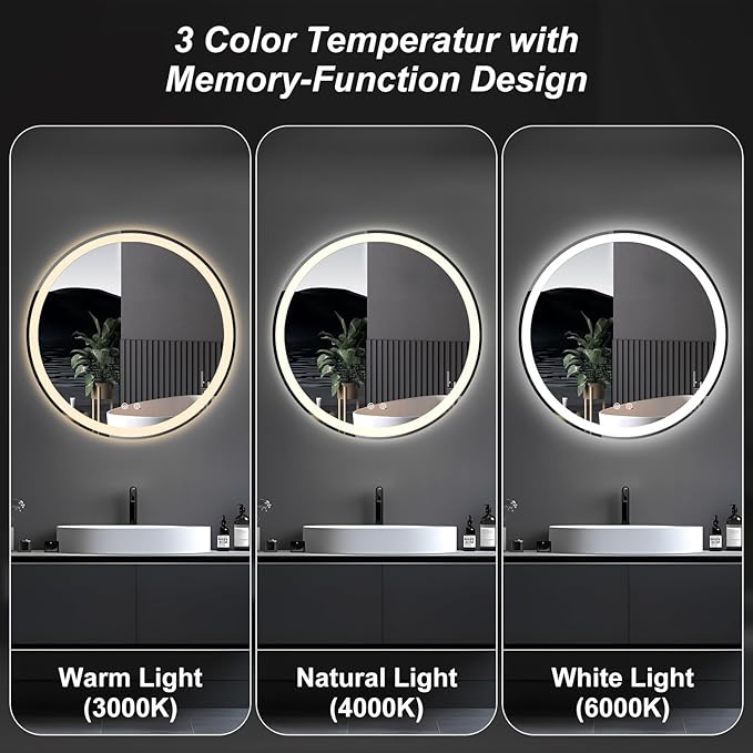 DUMOS 36 Inch Round LED Bathroom Mirror with Lights, Circle Vanity Mirror with Anti-Fog, Dimmable, 3-Color Light, Memory Function, Tempered Glass