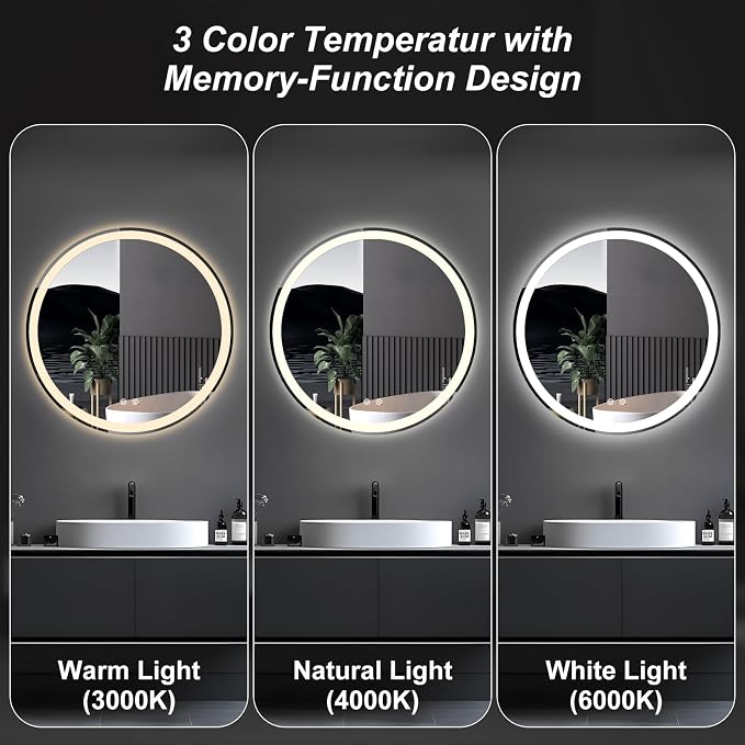 Sweetcrispy 36 Inch Round LED Mirror for Bathroom with Lights, Circle Vanity Mirror with Anti-Fog, Dimmable, 3-Color Light, Memory Function, Tempered Glass