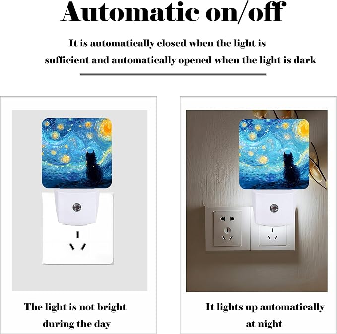 Starry Night Black Cat Night Light,Plug-in Nightlights Auto Sensor Night Lamp Dusk-to-Dawn Lamp Home Decor for Nursery Children Girls Boys