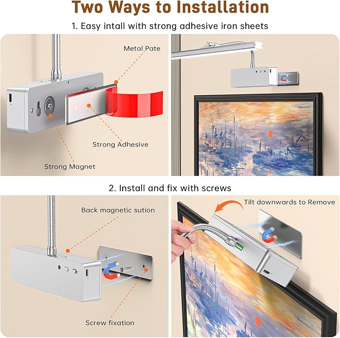 Picture Light, 15.35inch Wireless Picture Lights for Wall Rechargeable, Battery Wall Lights for Pictures, 3 Color Art Lighting for Paintings with Timer and Dimmable for Display Gallery Frame (Silver)