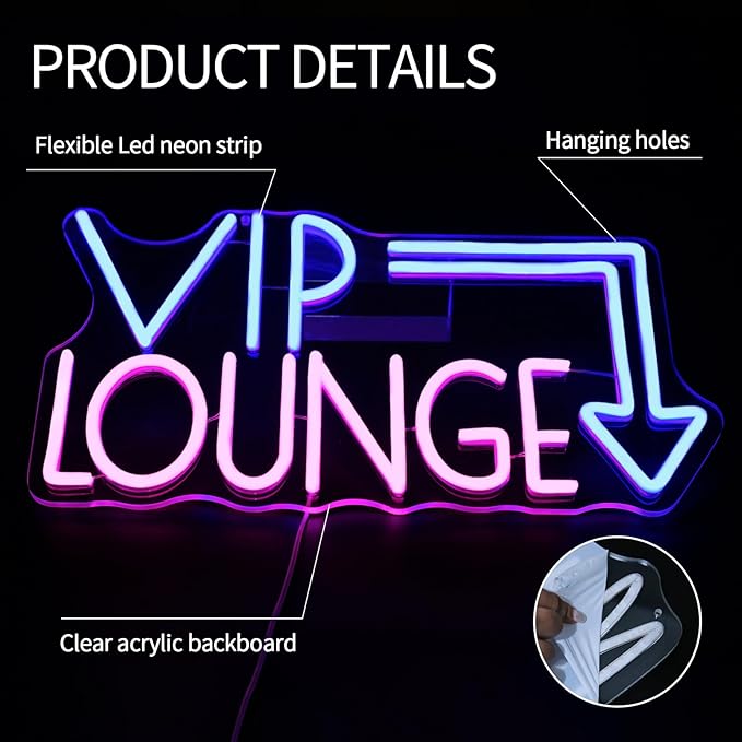 VIP Lounge Neon Sign for Wall Decor Dimmable VIP Led Light Signs Pink Blue Letters Neon Light for Bar Hotel Cafe VIP Room Airports Beauty Room Decoration