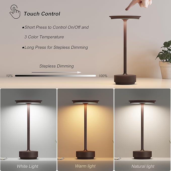 TBBGA 2 Pack Rechargeable Table Lamps Cordless, 5000mAh Outdoor Table Light | 3 Color Stepless Dimming Portable LED Table Lamp with Memory Function, for Home/Dinner/Patio/Restaurant.(Rust)