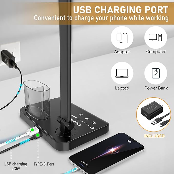 Retractable Dimmable LED Desk Lamp with USB Charging Port Desk Light | Height Adjustable 50 Lighting Modes Dual Swing Arm Architect Adjustable Table Lamp Light for Home Office Dorm Nail, Black