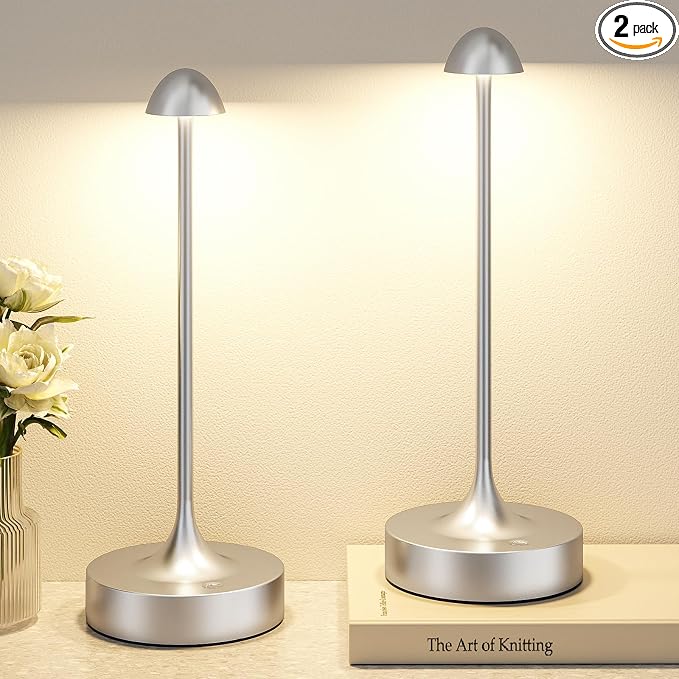 Kakanuo Rechargeable Cordless Table Lamp, Battery Operated Lamps, 3-Color Stepless Dimming, Portable Wireless Desk Lamp, LED Lighting for Dining Room, Restaurant, Office, Bar, Home(Silver 2 Pack)