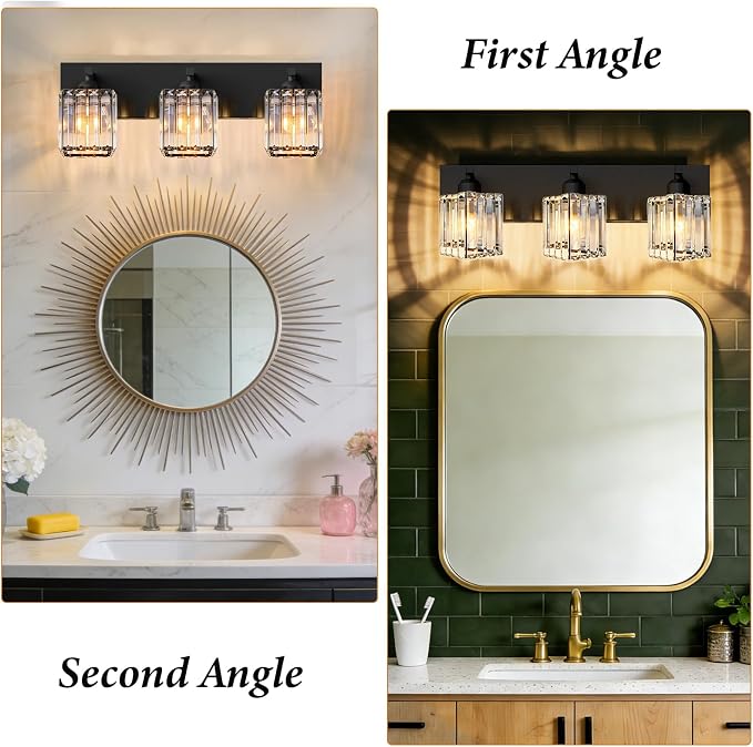 Black Crystal Bathroom Vanity Light, 3-Light Modern Bathroom Lighting Fixtures Over Mirror, Matte Black Wall Sconce Light Fixtures with Square Shade