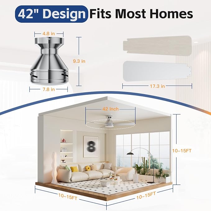 42 Inch Ceiling Fans with Lights And Remote, 3CCT/Flush Moun/6 Speed/Nickel | Flush Mount Low Profile Ceiling Fan, 6 Speed Noiseless LED Ceiling Fan, Brushed Nickel Ceiling Fan for Bedroom Living Room