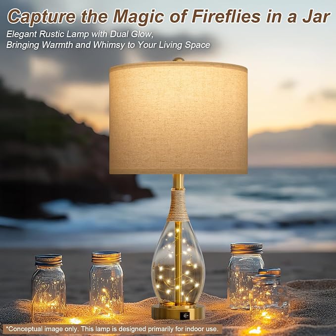 23" Table Lamps for Living Room Set of 2 Bedside Lamps for Night Stands Bedroom Lamps Farmhouse Rattan Boho Lamp Glass Nightlight End Table Lamp with USB C+A (Gold),Two Light Points