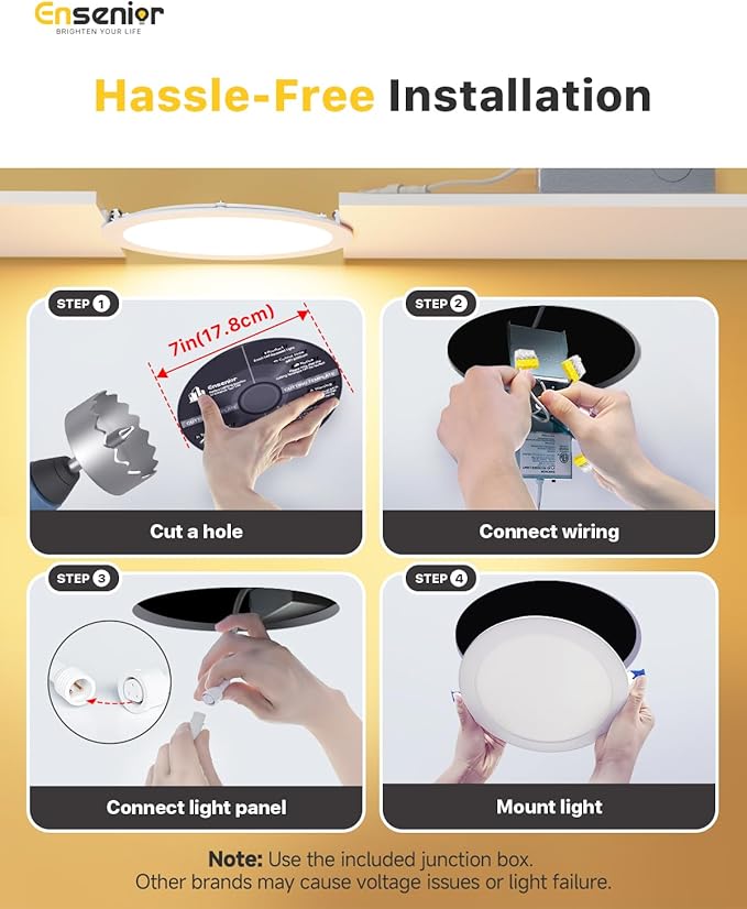 Ensenior 6 Pack 7 Inch LED Recessed Ceiling Light, Dimmable, 2700K-5000K 5CCT, 1300LM 15W 120V, High Brightness Canless Wafer Downlight