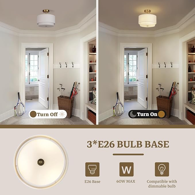 Vexagyle Gold Light Fixtures Ceiling Mount,12.6'' Semi Flush Mount Ceiling Light Fixtures,Nursery Light Fixture with 2-Layer White Shade,Modern Drum Ceiling Lights for Bedroom,Living Room,Hallway