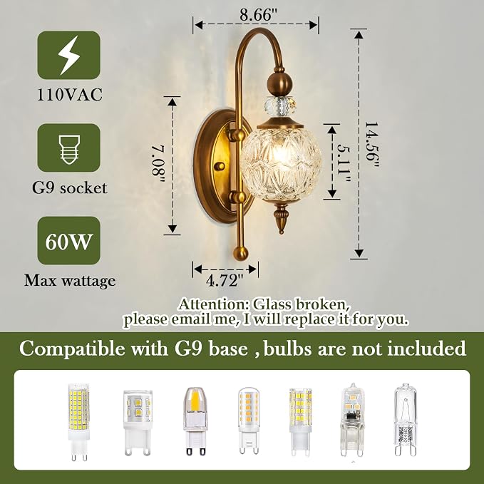 Piepooye Vintage Gold Wall Sconce with Glass Globe Shade Mid Century Brushed Brass G9 Bulb Vanity Light Indoor Wall Light for Bathroom Farmhouse Bedroom Living Room Hallway