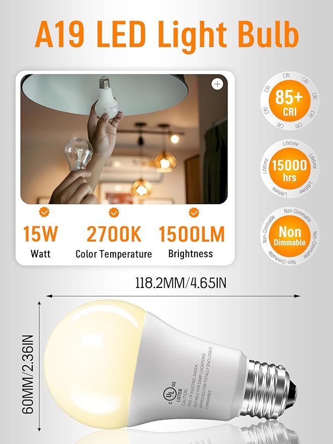 12 Pack LED Light Bulbs 100 Watt Equivalent, A19 15W Soft Warm White 2700K, 1500 Lumens Super Bright E26 Standard No Flicker Energy Saving Lamp Bulb for Home, Bedroom, Office, 15000 Hrs, Non-Dimmable