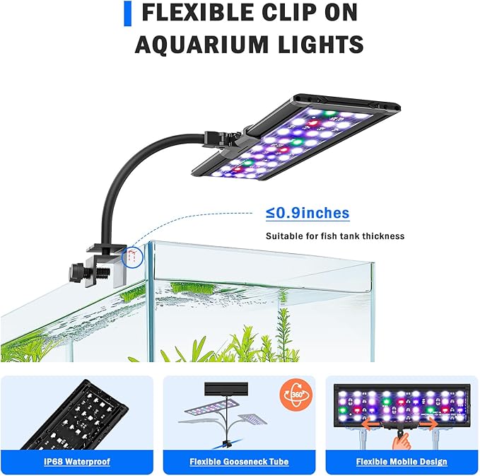 AQQA Clip On Aquarium Light, 24/7 & DIY Mode Full Spectrum Fish Tank Light | Adjustable Timer & Brightness, Memory Function, IP68 Waterproof LED Aquarium Plant Light, Fits 24–32 Inch Tanks