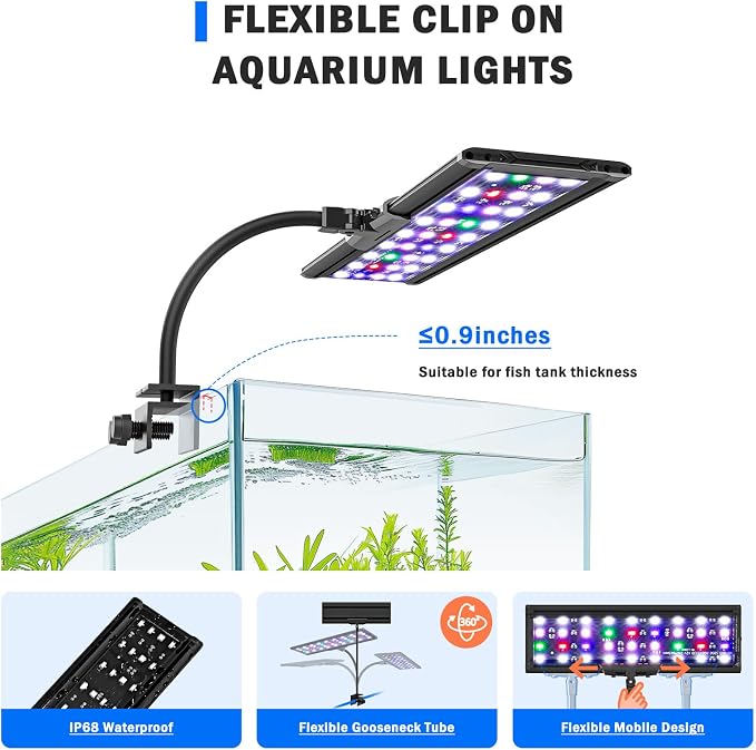 AQQA Clip On Aquarium Light, 24/7 & DIY Mode Full Spectrum Fish Tank Light | Adjustable Timer & Brightness, Memory Function, IP68 Waterproof LED Aquarium Plant Light, Fits 11–16 Inch Tanks