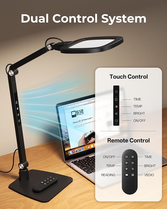 Led Desk Lamp for Office Home, Reading, Crafts & Zoom Swing Arm Task Lights | 1200lm Eye-Caring Light for Computer Monitor, Dimmable 5 Color & Brightness, 30/60 Min Timer, Memory Function, Touch & Remote