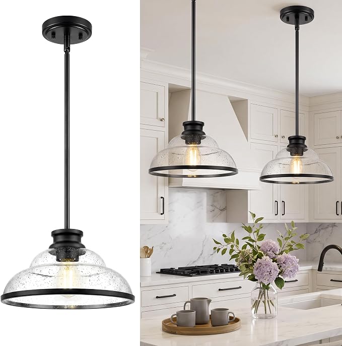 kudos 11" Black Seeded Glass Pendant Light Kitchen Island, KDPL14-BK | E26 Bulb Base, Hardwired, Farmhouse Styling, Adjustable Hanging Rods for Flat or Sloped Ceilings, for Kitchen Bars