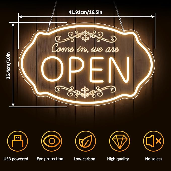 LED Neon Open Sign for Business, 16.5x10'' Come in We’re Open Sign, Warm White Adjustable Brightness Neon Lights for Party, Bar, Salon, Stores, Hotel, Wall Decor, Clubs, Hotels
