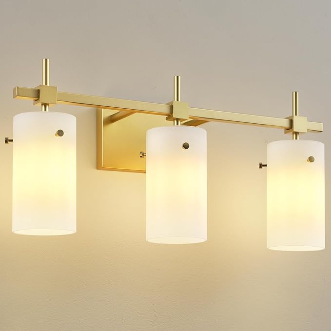 SOLFART 3-Light Bathroom Vanity Light, Modern Brushed Gold Wall Lights with Milky White Glass Shades, Bathroom Wall Sconce Lamp for Mirror Living Room Bedroom Hallway (Bulbs Not Included)