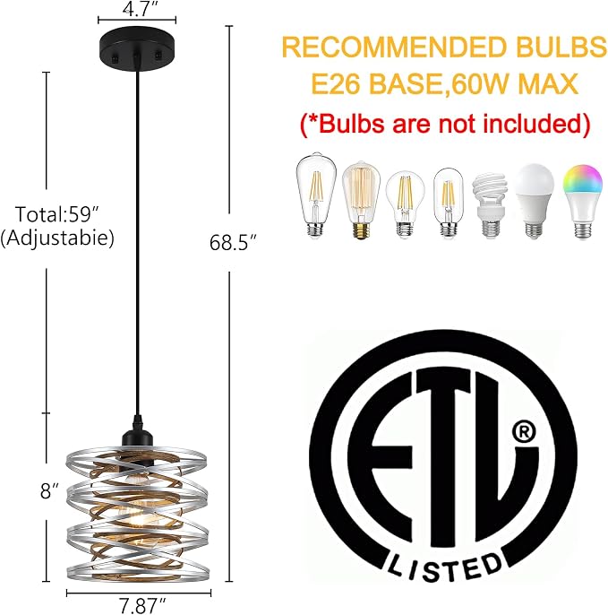 Pendant Lights Kitchen Island, Kitchen Hanging Light Fixtures Wood Grain Metal Lighting for Dining Room Bedroom Bar Office Entryway Hallway, Industrial Silver, 1 Pack