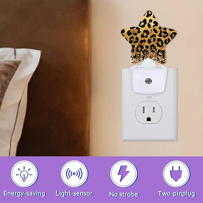Energy Efficient Nightlights Plug in Wall, Leopard Prink Night Light for Kids Bedroom Decorative, Gold Glitter Dusk-to-Dawn Sensor Sleep Friendly Lamp for Nursery Bathroom Basement