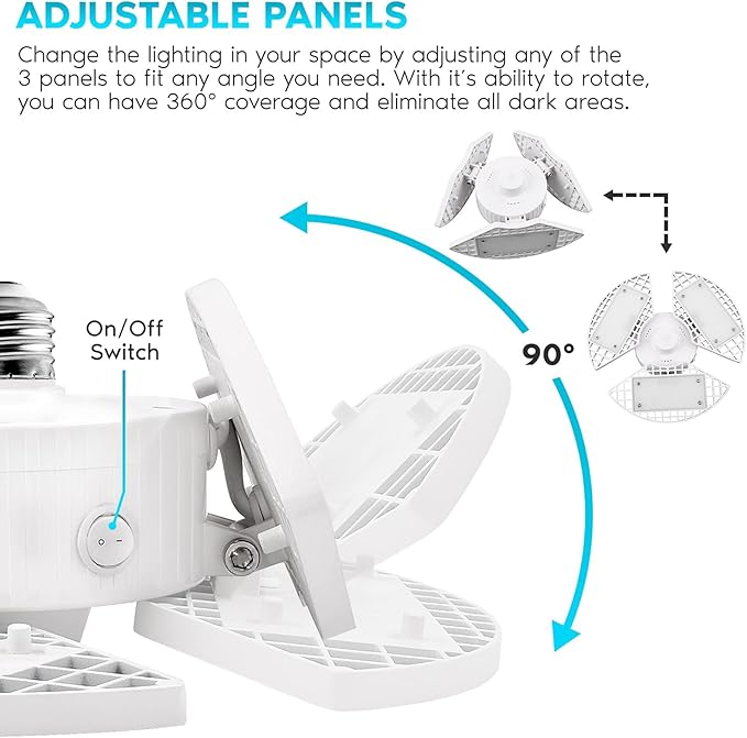 LUXRITE LED Garage Light 80W, 8000 Lumens, Deformable LED Garage Lights, 5000K Bright White, 3 Panel Garage Light, E26 Screw in Shop Light, Adjustable Garage Light, Damp Rated, ETL Listed