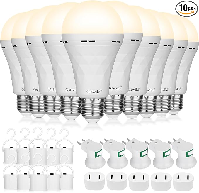Ostwiki Emergency Rechargeable Light Bulbs 10 Pack A21 3000K Warm | 9W E26 E27 Battery Powered Bulb Auto-On During Power Outage, Hurricane Camping,with hook,plug caps and socket