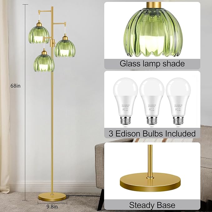 Gold Floor Lamps for Living Room Bedroom-3 Light Glass Floor Lamp with Three Led Bulb, Flower Tall Floor Lamp Dimmable Mid Century Modern Standing Lamp Vintage Tree Floor Lamps for Bedroom Corner