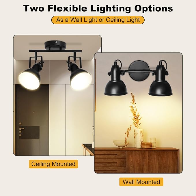 HiBay LED Track Lighting Fixtures, Rotatable 2-Light Spot Light Black | Ceiling Wall Mount, Industrial Track Light Spotlight for Kitchen, Living Room, Hallway, E26 Base (Bulbs Not Included)