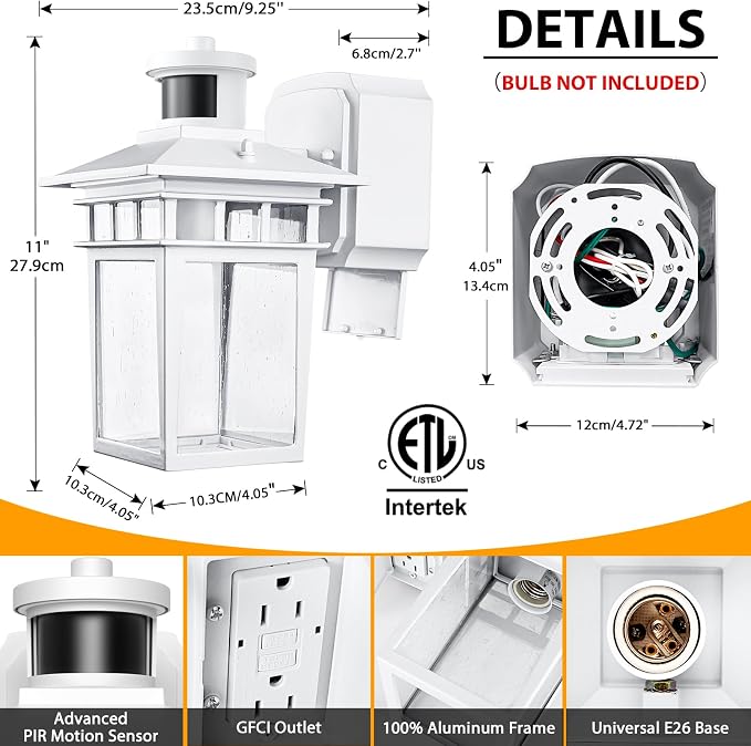 Porch Light with GFCI Outlet, White Dusk to Dawn Motion Sensor Outdoor Lights, 3-Mode Wall Exterior Lighting Fixture, Waterproof Outside Lights Sconce for House Front Door Patio Garage