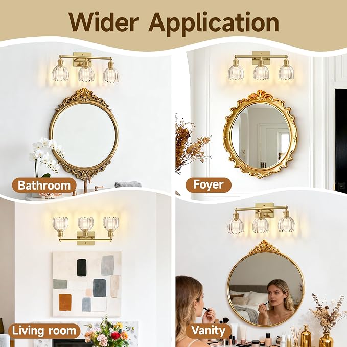 Antique Brass Bathroom Light Fixtures Over Mirror,3-Light Bathroom Vanity Lights Over Mirror,Brass Wall Lights with Clear Glass Tulip Light Shade for Bedroom,Living Room,Hallway,E26 Base