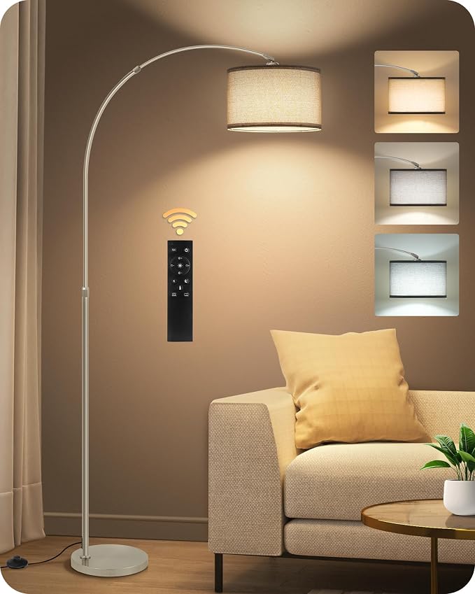 Arc Floor Lamp with Marble Base and Adjustable Height, Rotating Hanging Shade, Dimmable Floor Lamp for Living Room with Remote and Foot Switch, 3 Color Temperature, Brushed Nickel SNH15LD05