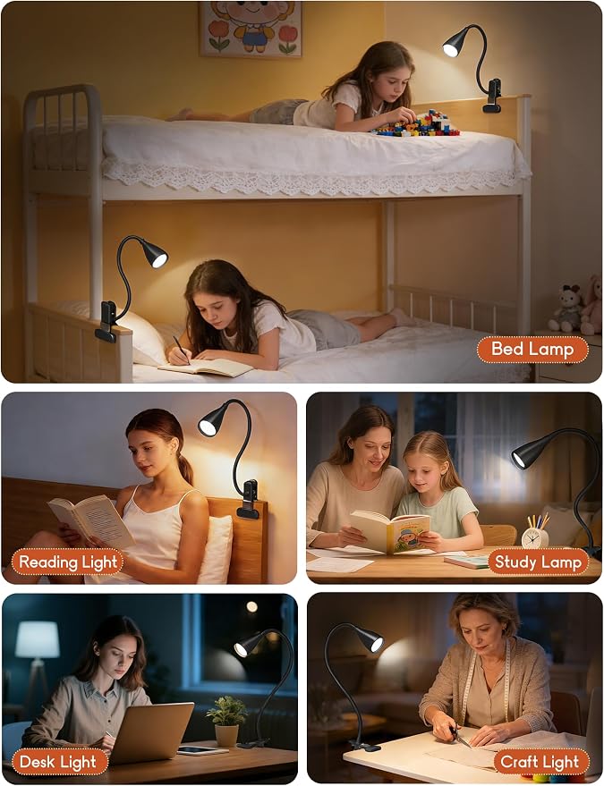 2 PCS Reading Light for Book in Bed,Clip on Light Reading Lamp with Adapter | 5 Color Modes 10 Brightness, Eye-Caring Clip on Desk Lamp Book Light for Reading in Bed Headboard Bedside Bedroom (Black)
