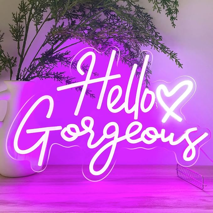 Hello Gorgeous Neon Signs for Wall Decor with Heart, Purple Gorgeous LED Sign Lights for Bedroom Dorm Home Salon Wedding Party, 16"x12" Preppy Cute Room Decor Woman Cave - 100,000H Lifespan