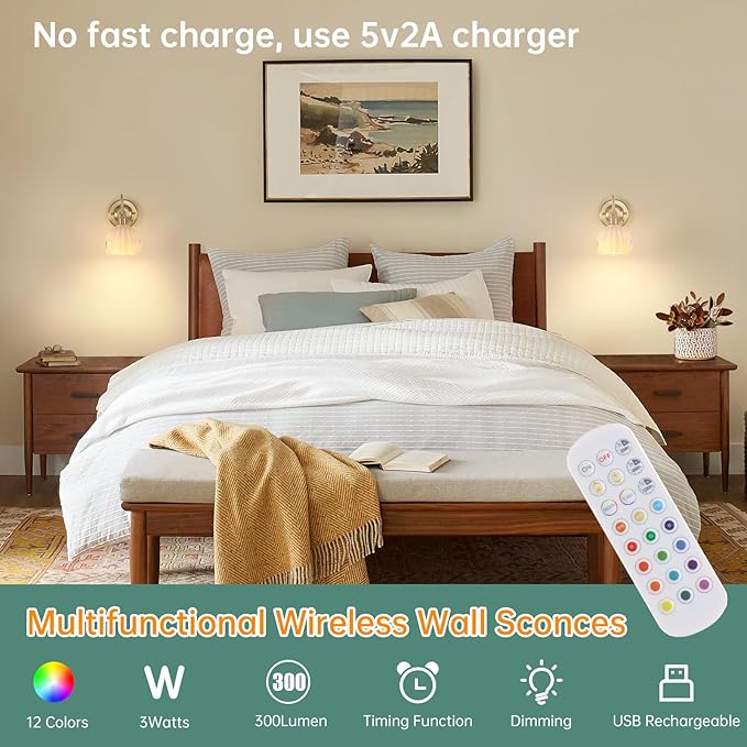 Vintage Battery Operated Wall Sconce, 5000mAh Wireless Rechargeable Wall Light, Indoor Battery Powered Wall Lamp for Bedside Bedroom Living Room, Tulip White