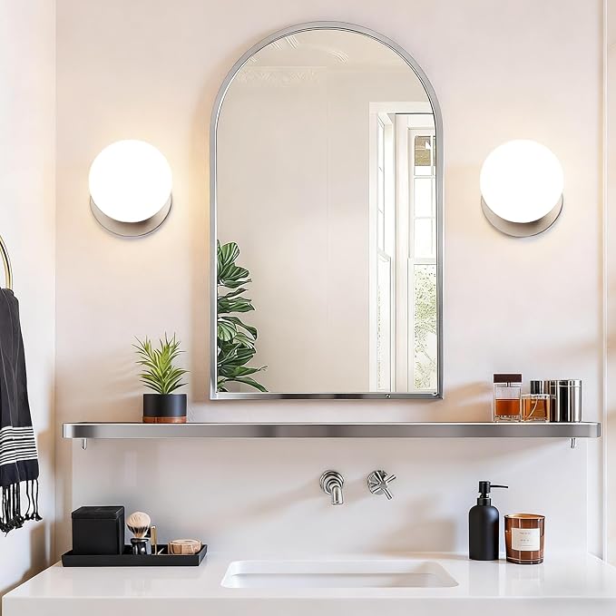 2 Pack Modern Brushed Nickel Wall Light Fixtures, Mid-Century Globe Glass Wall Sconces Set of Two for Bathroom Mirror, Living Room, Hallway, Entryway (Bulbs Not Included)