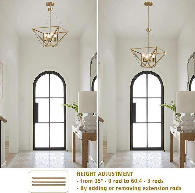LASENCHOO 14.5" Brass Chandelier for Foyer Lighting Fixtures, 4 Lights Brushed Gold Modern Farmhouse Chandelier Lantern Geometric Pendant Light for Kitchen Island Entryway Dining Room Light Fixture