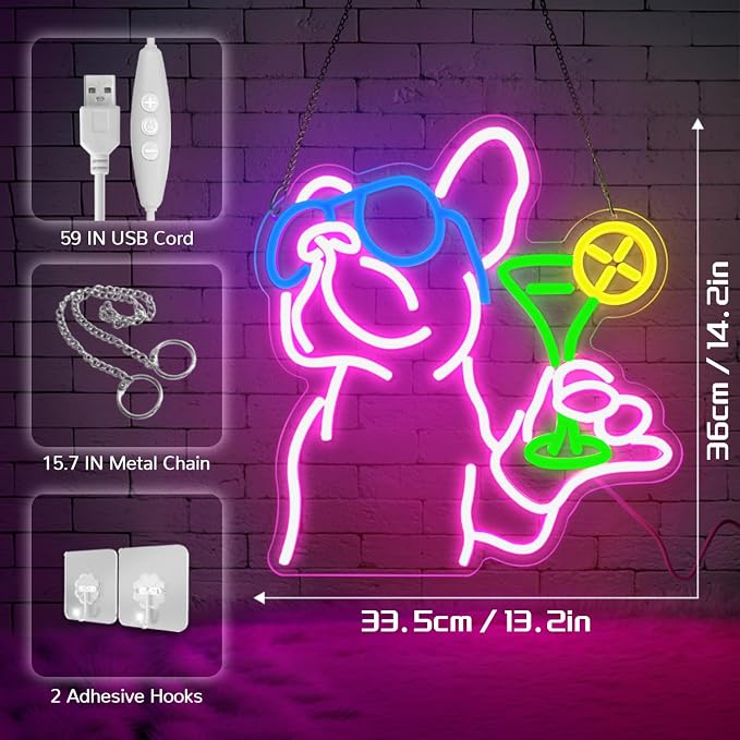 French Bulldog Neon Sign - Cool Dog Drinking Cocktail LED Neon Light for Wall Decor, Dimmable Funny Animal Neon Sign for Home Bar, Pub, Man Cave, Party, Unique Gift for Dog Lovers