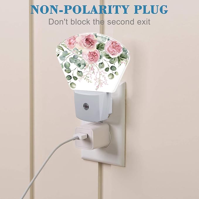 Pink Flowers Plug in Night Lights, Eucalyptus Greenery Nightlight Plug Into Wall Dusk to Dawn Sensor for Kid Girls Boys Women Men Bedroom, Hallway, Kitchen, Bathroom, Stairs Decor