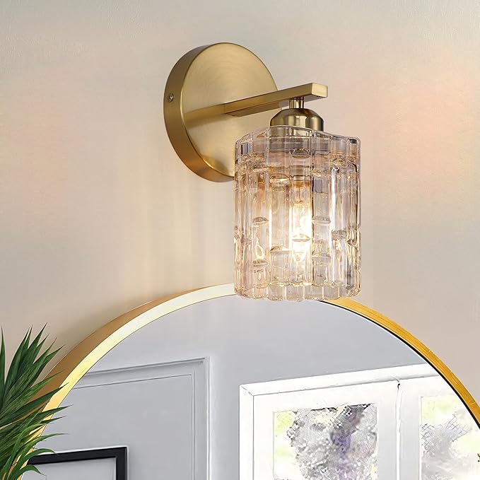 1-Light Modern Brushed Gold Crystal Wall Sconce, Hardwired Indoor Bathroom Vanity Light Fixture, Crystal Over Mirror Wall Lamp for Living Room, Bedroom, Hallway