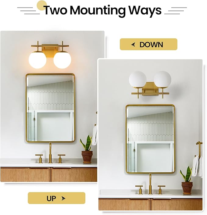 Gold Vanity Light, 2-Light Bathroom Lighting Fixtures Over Mirror Milky White Glass Globe Shades, Modern Vanity Lighting Fixtures Wall Sconce 14 Inch (Exclude E26 Bulb)
