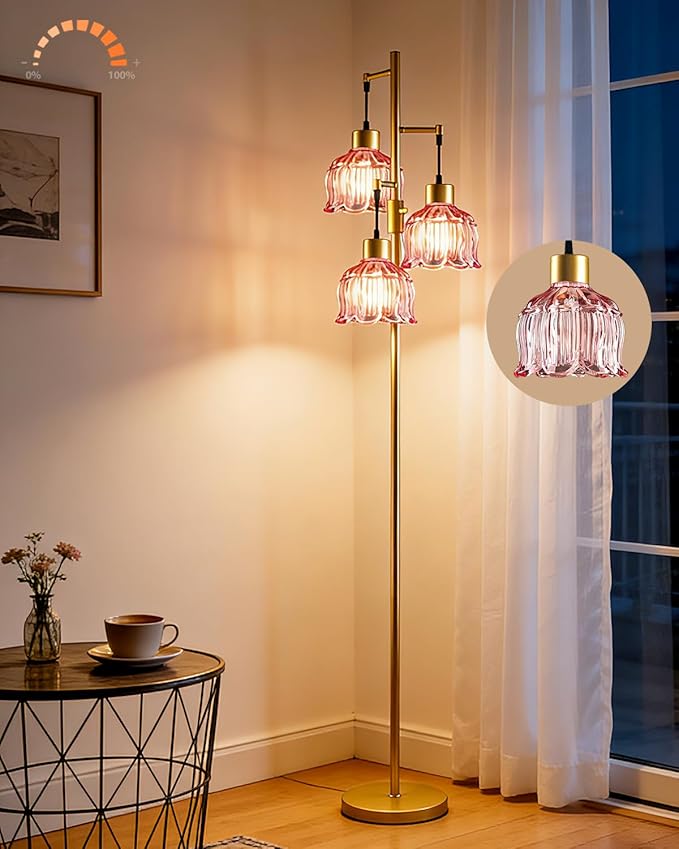 Lightdot 3-Light Flower Floor Lamps, 65'' Dimmable Floor Lamp with Rose Red Glass Shade& Bulbs Included, Mid Century Standing Lamp with 5Lbs Heavy Base for Living Room/Bedroom/Sofa Beside-Gold