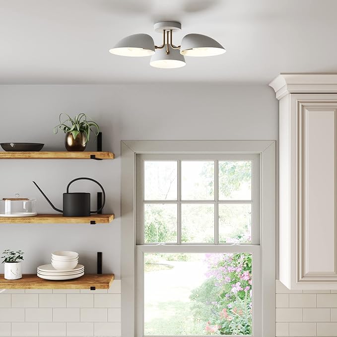 Nathan James Argo Semi Mount Flush Ceiling Light, 3-Lights Modern Retro Lighting with White Rounded Shades for Hallway, Dining Room and Bedroom, Brass Gold/White
