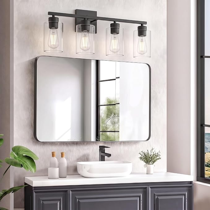 4 Light Bathroom Vanity Light - Matte Black Bathroom Light Fixtures UL Certification, Round Light Fixture Over Mirror, Farmhouse Light Fixtures for Bathroom & Bedroom