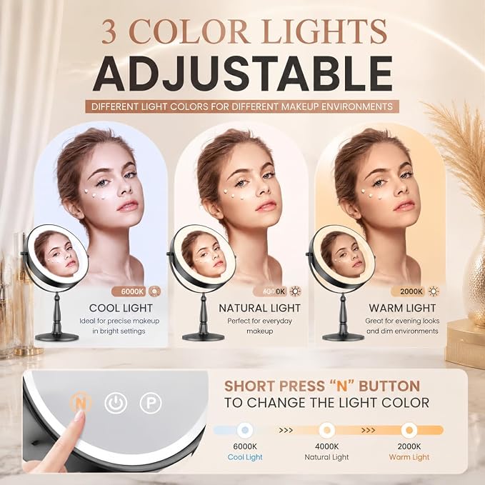 Vanity Mirror with Lights, 10X Magnifying Mirror with Light for Women, 2000 mAh Makeup Mirror with Lights and 3 Colors, 360 Degree, 2-Sided, 9 Inch, Black